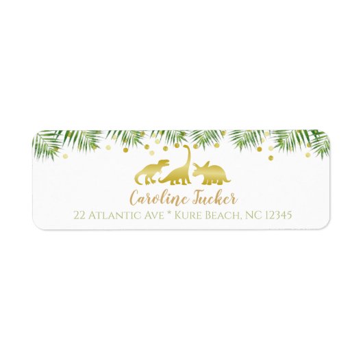 Gold Dinosaur Tropical Greenery Baby shower Etiket (Voorkant)