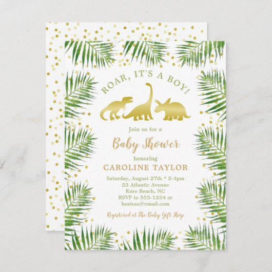 Gold Dinosaur Tropical Greenery Baby shower Kaart (Voorkant / Achterkant)