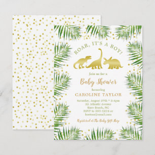 Gold Dinosaur Tropical Greenery Baby shower Kaart