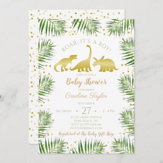 Gold Dinosaur Tropical Greenery Baby shower Kaart (Voorkant / Achterkant)