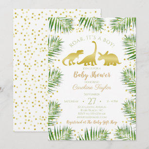 Gold Dinosaur Tropical Greenery Baby shower Kaart
