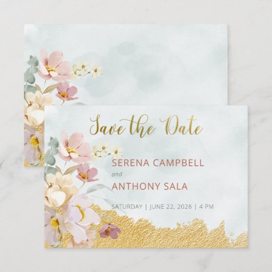 Gold Dipped Floral Save the Date Kaart (Voorkant / Achterkant)