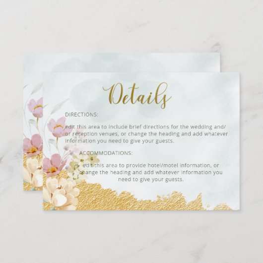 Gold Dipped Floral Wedding Details Kaart (Voorkant / Achterkant)