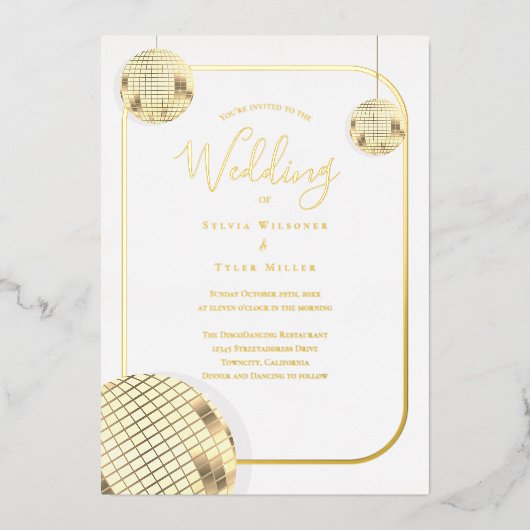 Gold Disco Ball Wedding Folie Uitnodiging (Voorkant)