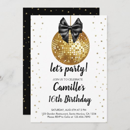 Gold Disco Ball | zwarte boog Verjaardag Kaart (Voorkant / Achterkant)