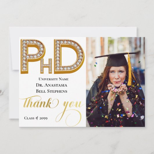 Gold Doctorate PhD Graduation Photo Thank You Card Kaart (Voorkant)