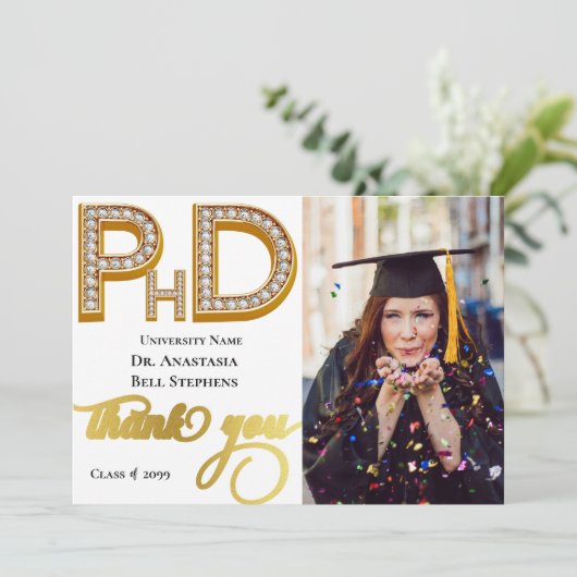 Gold Doctorate PhD Graduation Photo Thank You Card Kaart (Staand voorkant)