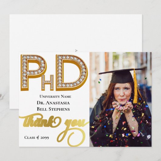 Gold Doctorate PhD Graduation Photo Thank You Card Kaart (Voorkant / Achterkant)