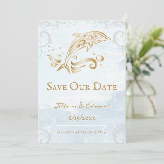 Gold Dolphin Save the Date Notice Aankondiging (Staand voorkant)