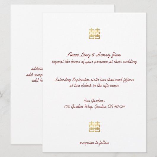 Gold Double Happiness Lantern Chinese Invitae Kaart (Voorkant / Achterkant)