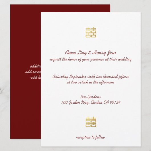 Gold Double Happiness Lantern Chinese Invitae Kaart (Voorkant / Achterkant)