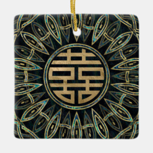 Gold Double Happiness Symbol Gold en Abalone Keramisch Ornament