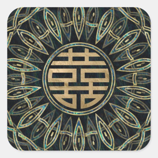 Gold Double Happiness Symbol Gold en Abalone Vierkante Sticker (Voorkant)