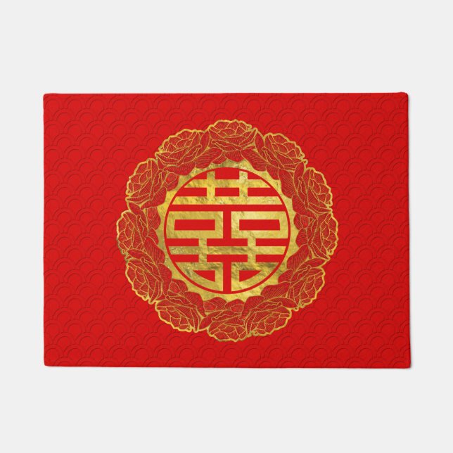 Gold Double Happiness Symbol in het Lijst Peony Deurmat (Voorkant)
