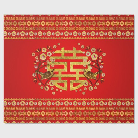 Gold Double Happiness Symbol met bloemen en vogels Cadeaupapier (Vlak)