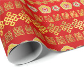 Gold Double Happiness Symbol met bloemen en vogels Cadeaupapier (Rol Hoek)