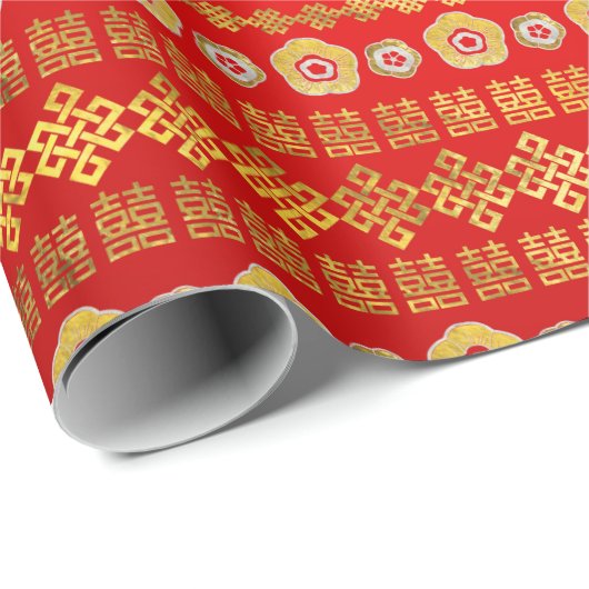 Gold Double Happiness Symbol met bloemen en vogels Cadeaupapier (Rol Hoek)