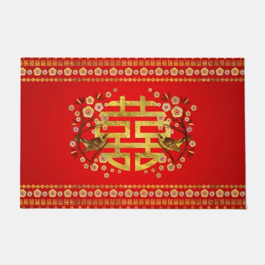 Gold Double Happiness Symbol met bloemen en vogels Deurmat (Voorkant)