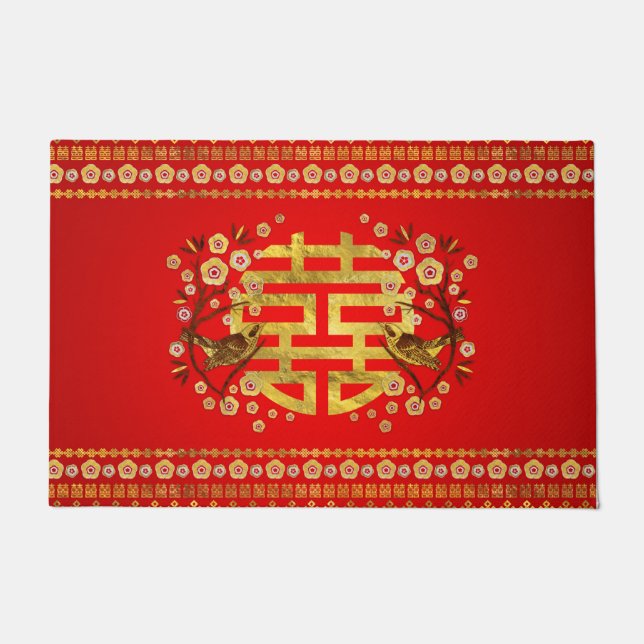 Gold Double Happiness Symbol met bloemen en vogels Deurmat (Voorkant)