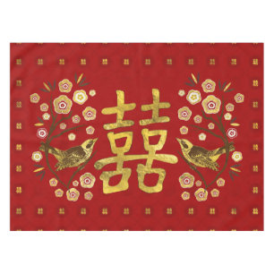 Gold Double Happiness Symbol met bloemen en vogels Tafelkleed
