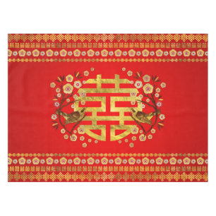 Gold Double Happiness Symbol met bloemen en vogels Tafelkleed