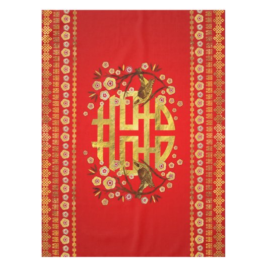 Gold Double Happiness Symbol met bloemen en vogels Tafelkleed (Voorkant)