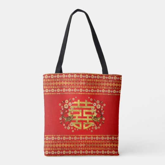 Gold Double Happiness Symbol met bloemen en vogels Tote Bag (Achterkant)