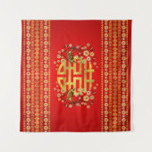 Gold Double Happiness Symbol met bloemen en vogels Wandkleed (Voorkant (horizontaal))