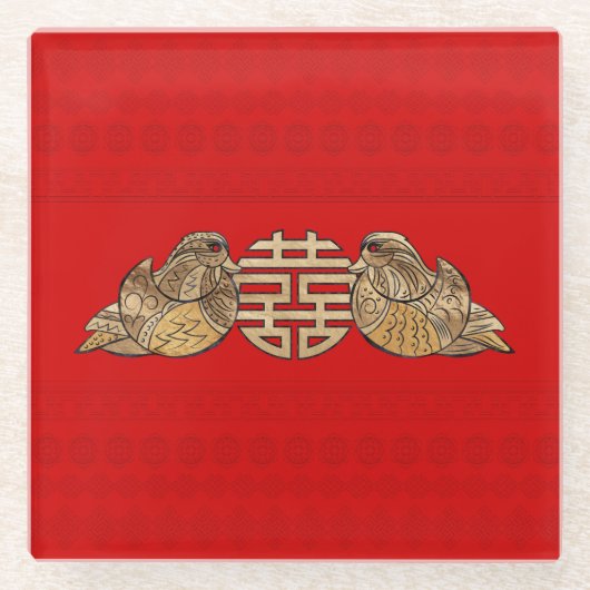 Gold Double Happiness Symbool met Mandarijnse Euck Glazen Onderzetter (Voorkant)