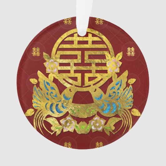 Gold Double Happiness Symbool met vogels Ornament (voorkant)