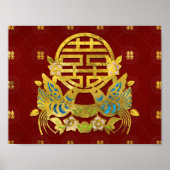 Gold Double Happiness Symbool met vogels Poster (Voorkant)
