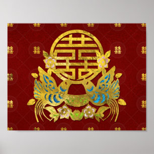 Gold Double Happiness Symbool met vogels Poster