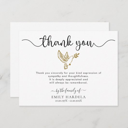 Gold Dove Funeral Simple Script Hartelijk dank Briefkaart (Voorkant / Achterkant)