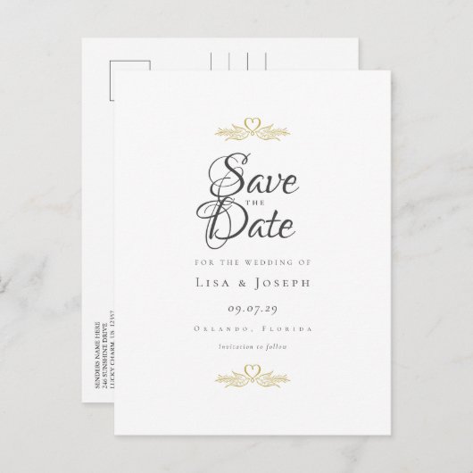 Gold Doves en Heart Elegant Script Save the Date Aankondigingskaart (Voorkant / Achterkant)