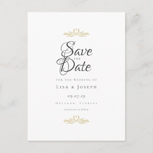 Gold Doves en Heart Elegant Script Save the Date Aankondigingskaart (Voorkant)