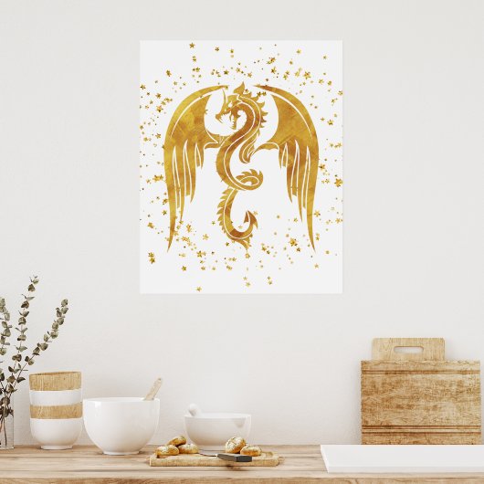 Gold Dragon in het Poster Stars op witte achtergro (Keuken)