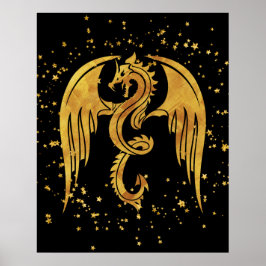 Gold Dragon in het Poster Stars op zwarte achtergr