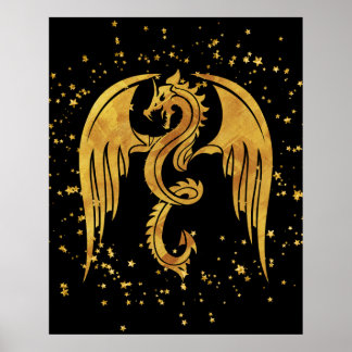 Gold Dragon in het Poster Stars op zwarte achtergr