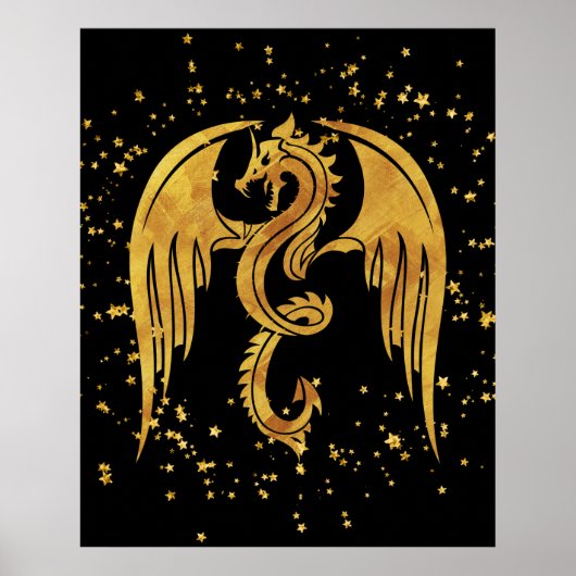 Gold Dragon in het Poster Stars op zwarte achtergr (Voorkant)