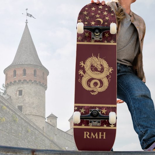 Gold Dragon on Burgundy with Stars Moon Monogram  Persoonlijk Skateboard