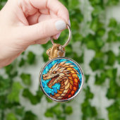 Gold Dragon op blauw Glas in lood Sleutelhanger (Hand)