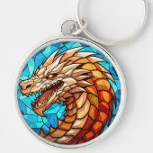 Gold Dragon op blauw Glas in lood Sleutelhanger (Voorkant)