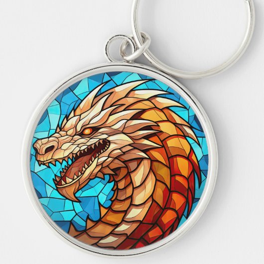Gold Dragon op blauw Glas in lood Sleutelhanger (Voorkant)