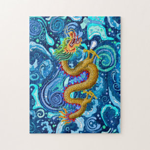 Gold Dragon op blauwe golven Legpuzzel