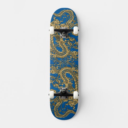 Gold Dragon op Lapis Blue Leather Texture Skateboard (Voorkant)
