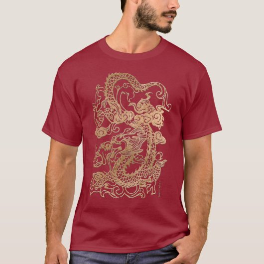 Gold Dragon op lederen afdrukken T-shirt (Voorkant)