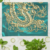 Gold Dragon Turquoise Satin Lush Kitchen Towel Theedoek (Gevouwen)