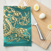 Gold Dragon Turquoise Satin Lush Kitchen Towel Theedoek (Quarter Fold)