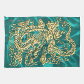 Gold Dragon Turquoise Satin Lush Kitchen Towel Theedoek (Horizontaal)