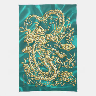 Gold Dragon Turquoise Satin Lush Kitchen Towel Theedoek